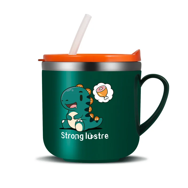 

Creative Cute 304 Stainless Steel Children's Cup Cartoon Mug For Kids With Lid Straw Handle, Green, pink, yellow