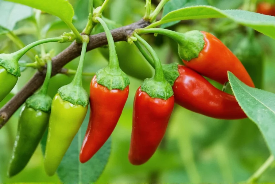 Tabasco pepper plant showing multiple stages of ripeness from green to red