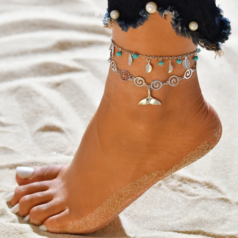 

Beads Beach Tortoise Shell Leaf Foot Chain Anklet Jewelry National Wind Spiral Iron Double Beach Anklet