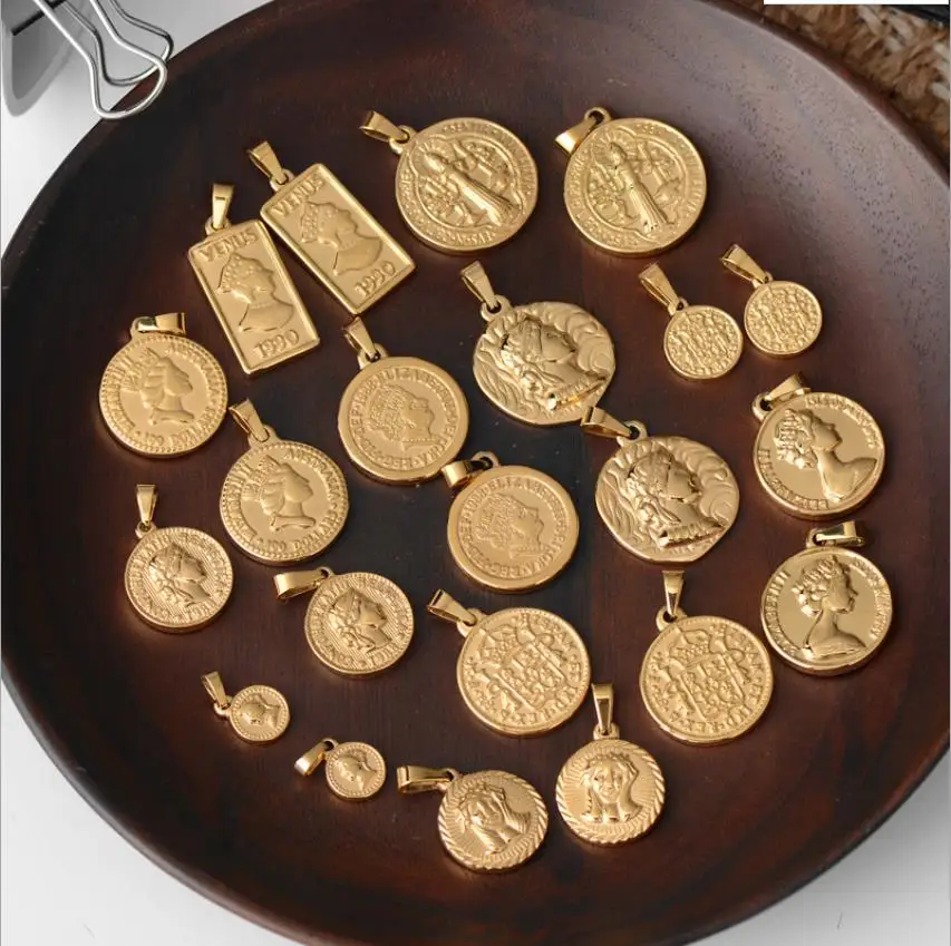 

unisex Titanium steel Romans Head gold coins pendant Women Retro Vintage 18K Gold Plated Coin Stainless Steel Pendants free ship