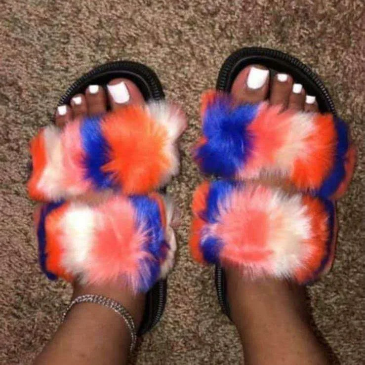 

thick pvc soles multi colors rainbow strips 2 straps double fur slides