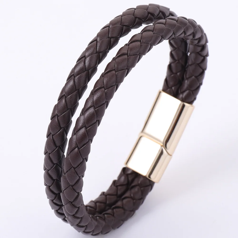 

Simple Braided Geometric Round Double Layers PU Leather Bangle Bracelet Metal Buckle Wristband Bracelet