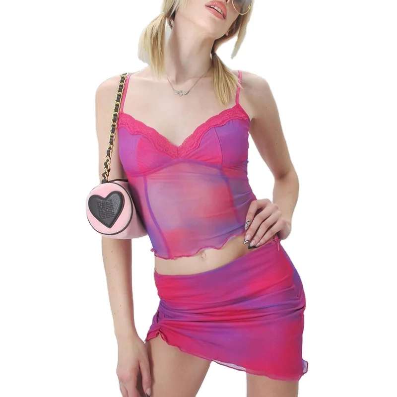 

2021 New Fashion Ruched Drawstring Women backless Tie-Dye party club Stacked skirt 2 Piece Set