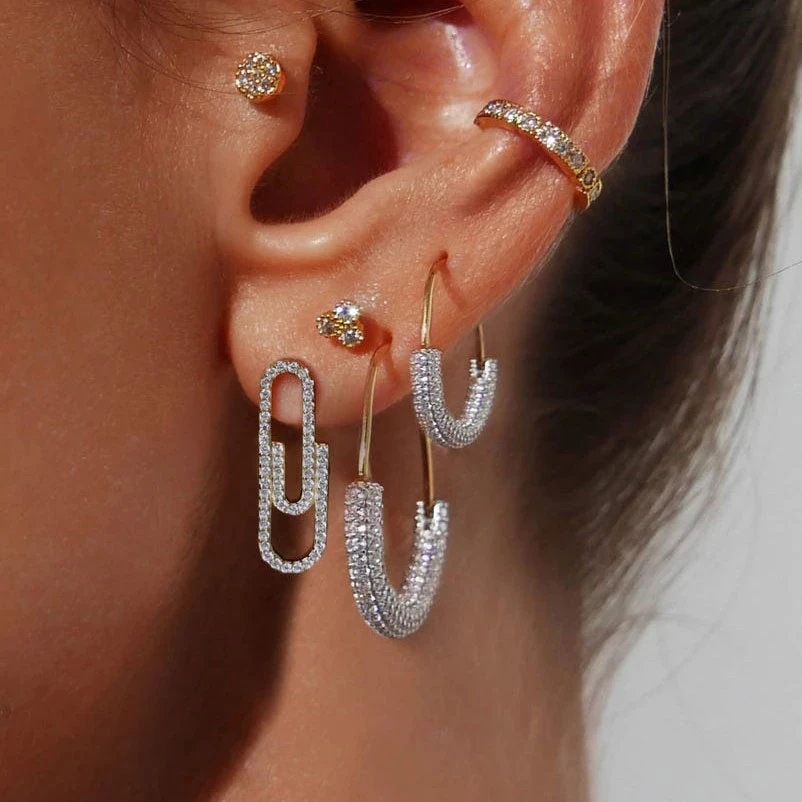 

Kaimei 2021 New Zircon Safe Pin Hoop Earrings for Women Fashion Hip Hop Metal Hanging Stud Pin Earrings Wholesale Jewelry, Many colors fyi