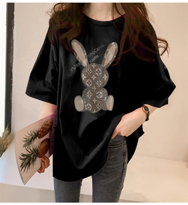 

Plus Size Women's Summer 2021 Heavy Industry Hot Rhinestone Loose Korean Short Sleeve T-shirt Round Neck Cartoon Top