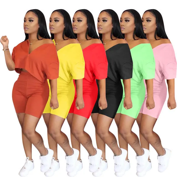 

custom womens 2 piece short sets Summer short sleeve plain workout outfits Casual bike short sets 2 piece pants set ladies sweat