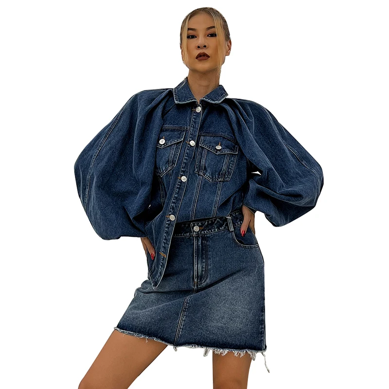 

TWOTWINSTYLE Women's Sets Lantern Tops High Waist Mini Skirt Denim Sets For Women Two Pieces