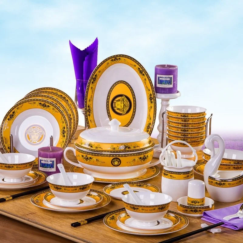 

Hot Sell 60 Pcs European Luxury Kitchen Accessories Ceramic Dinnerware Sets, Yellow bone china set