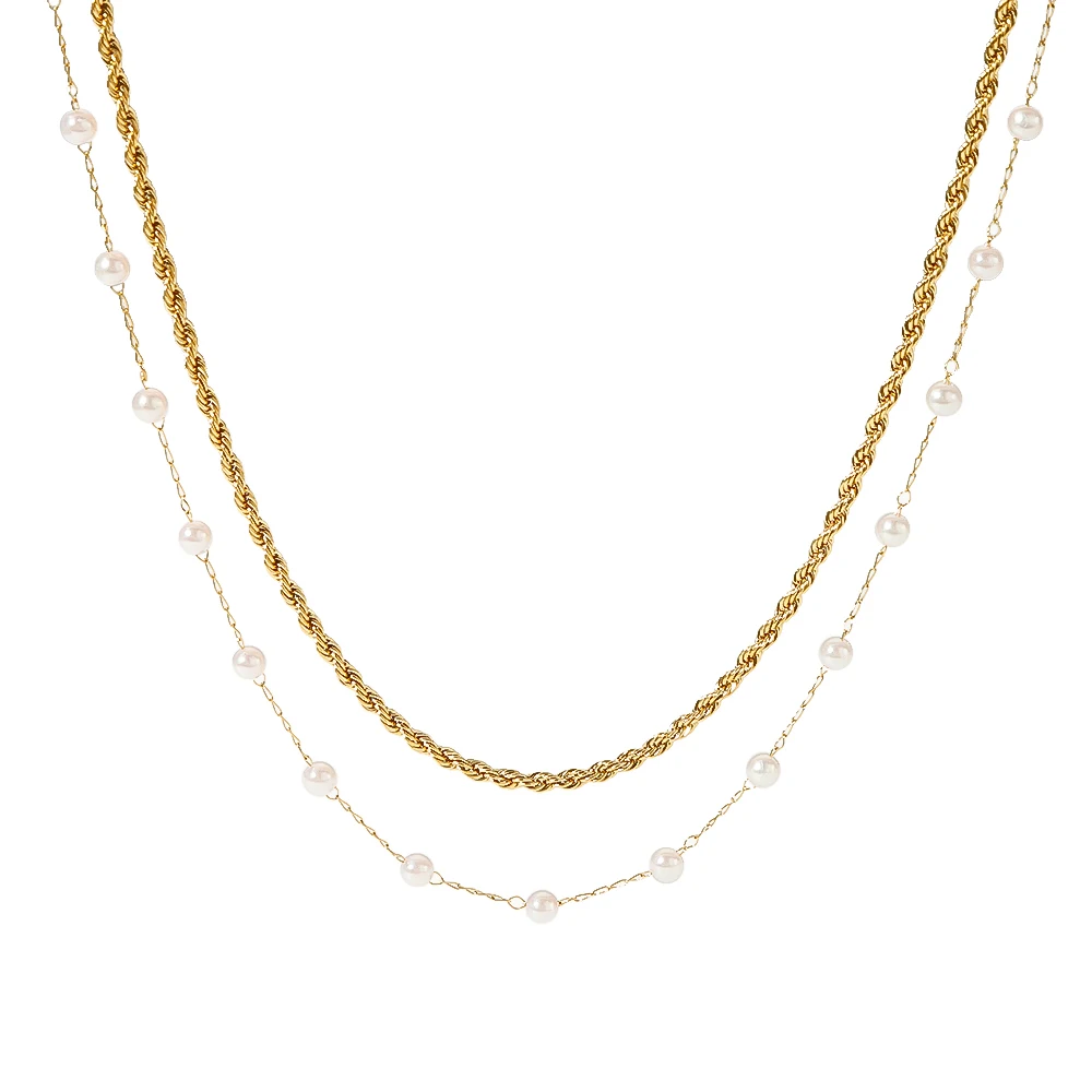 

Personalized Stainless Steel 18K Gold Plated Double Layered Rope Chain Shell Pearls Necklace Jewelry