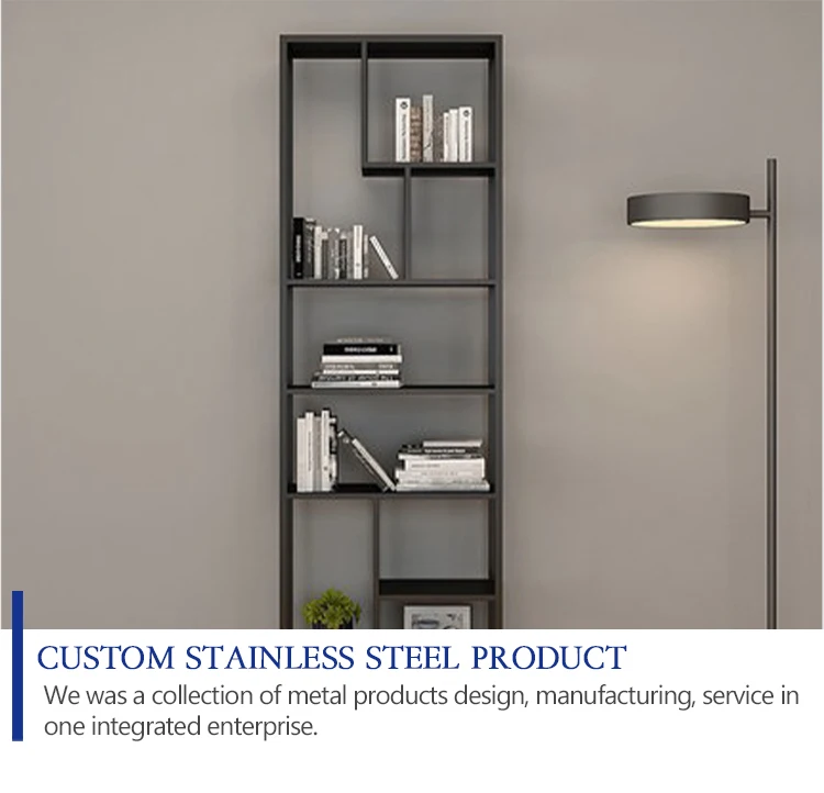 Home floor minimalist art creative study office partition shelf simple modern black stainless steel bookcase bookshelf rack