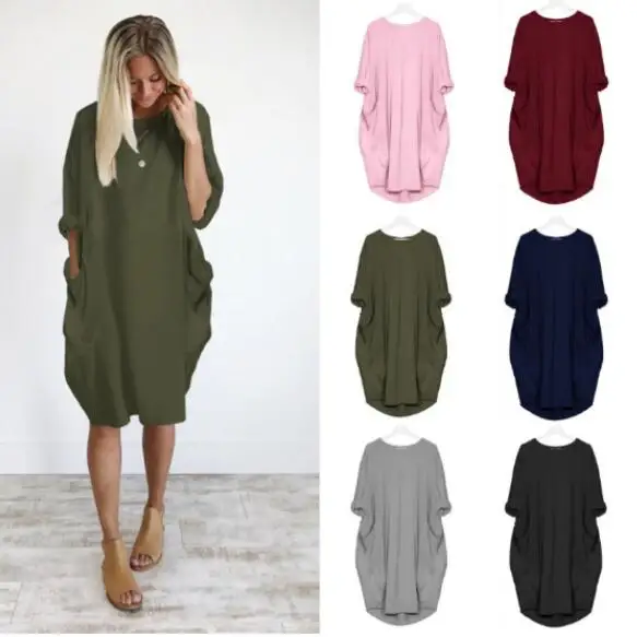 

Women Casual Loose Dress with Pocket Ladies Fashion O Neck Long Tops Female T Shirt Dress Streetwear Plus Size 6XL vestidos, White