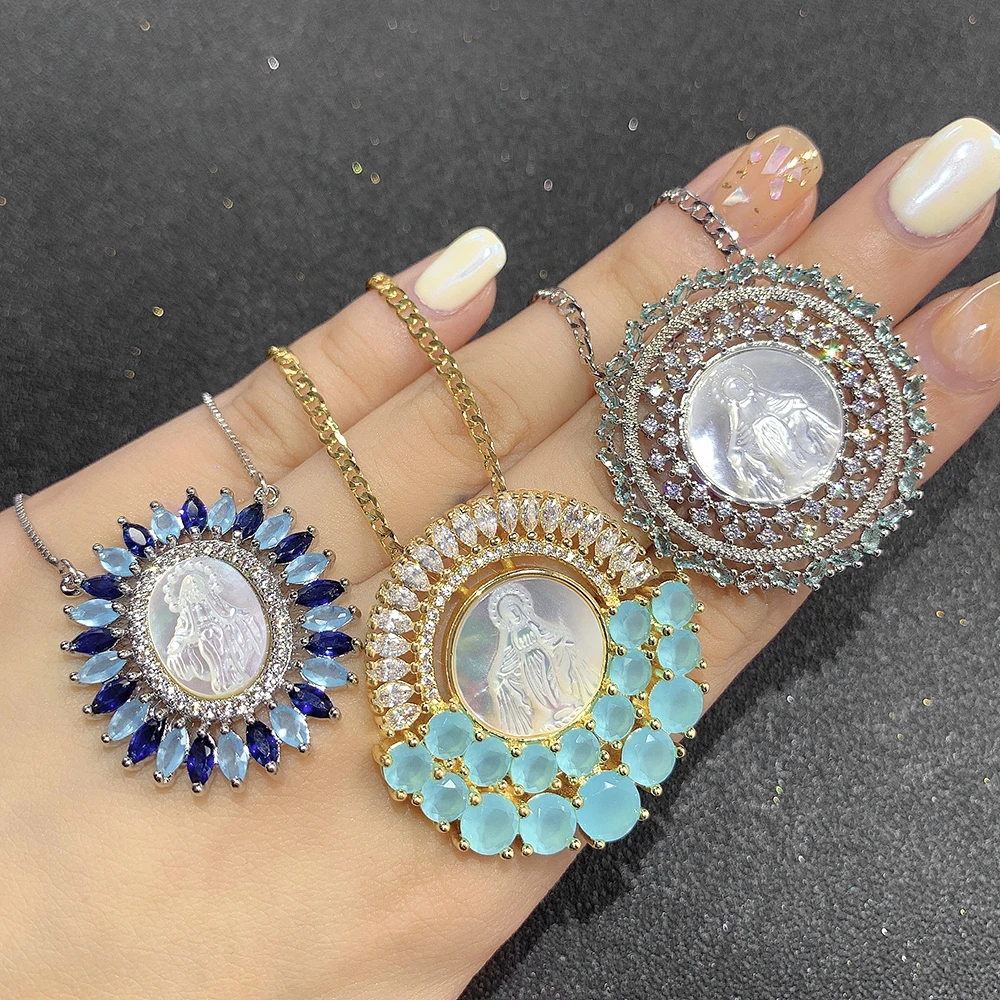 

factory wholesale custom semijoias zirconias blue virgin mary jewelry necklace