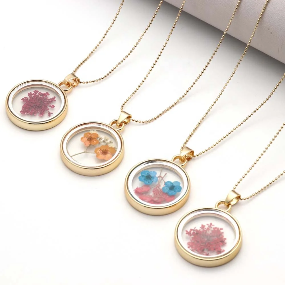 

28mm transparent glass epoxy resin round shaped circle frame dried flower necklace pressed dry flower pendant necklace
