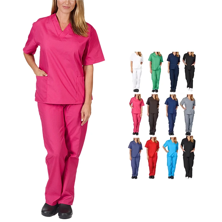 

Custom Wholesale High Quality 4 Way Stretch Spandex Scrubs For Women And Men V Neck Hospital Uniform Medical Sets, Customized color
