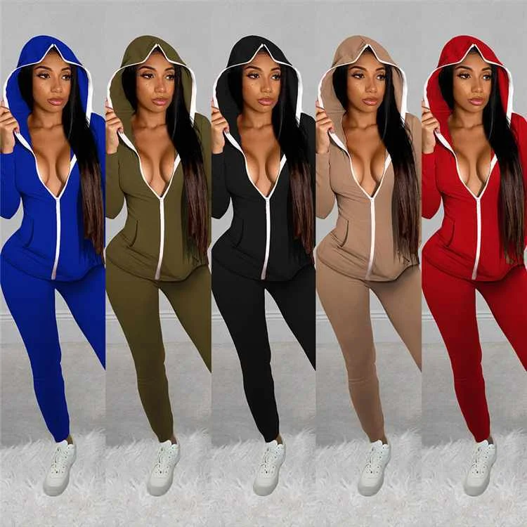 

Women v neck zipper casual sweat jogger suit two piece sport tracksuit
