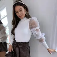 

2020 spring polka dot puff sleeve women knit top