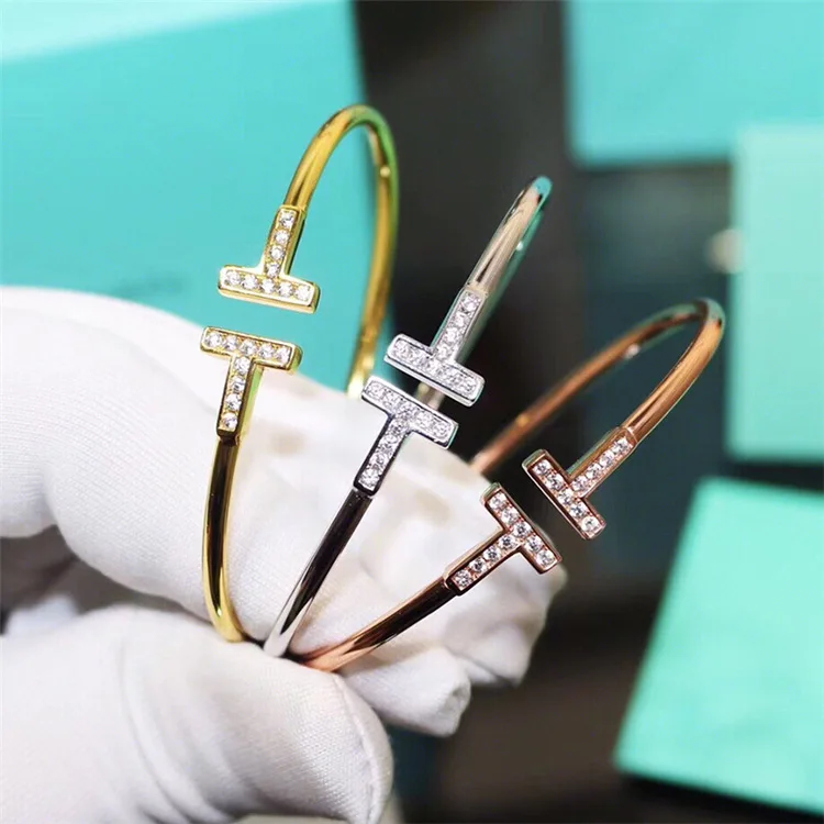 

Factory Wholesale Classic Narrow Zircon Double T Bracelet Jewelry Adjustable Inspirational Nail Stainless Steel Bracelet