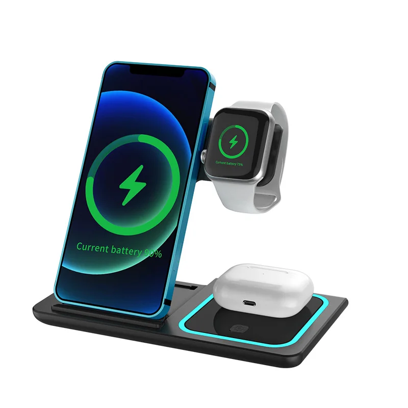 

Hot QI 15w fast charging slim foldable 3 in 1 X455 phone holder wireless charger wireless charging dock station with LED light