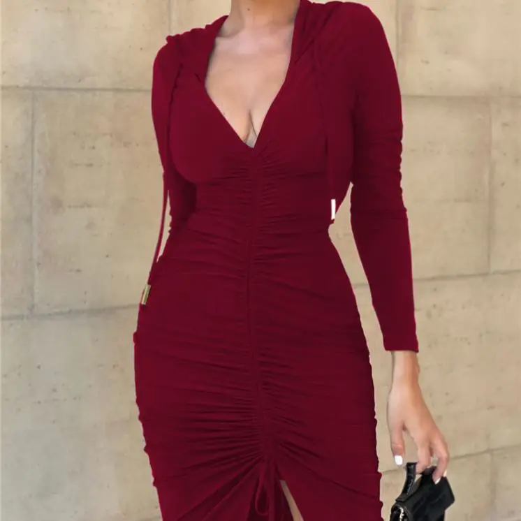 

Latest Design Solid Color Deep V Neck Ruched Elegant Casual Long Dress Women'S Hoodies Dress