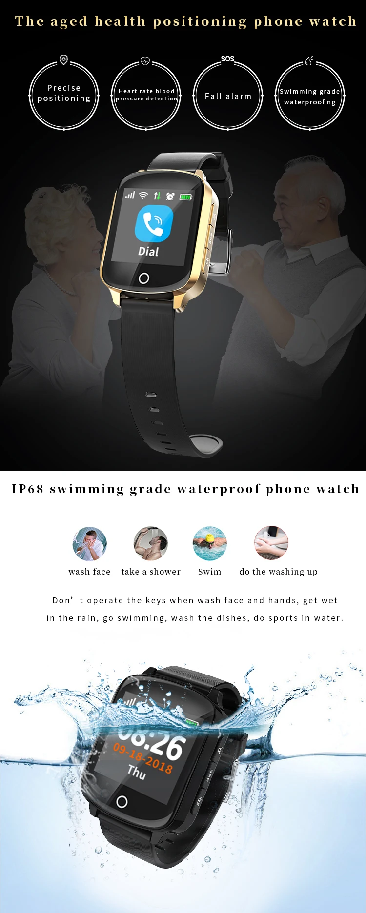 2019 Fall detection smartwatch GPS Tracker Smart Watch D200 For Elderly Blood Pressure Heart Rate monitor SOS