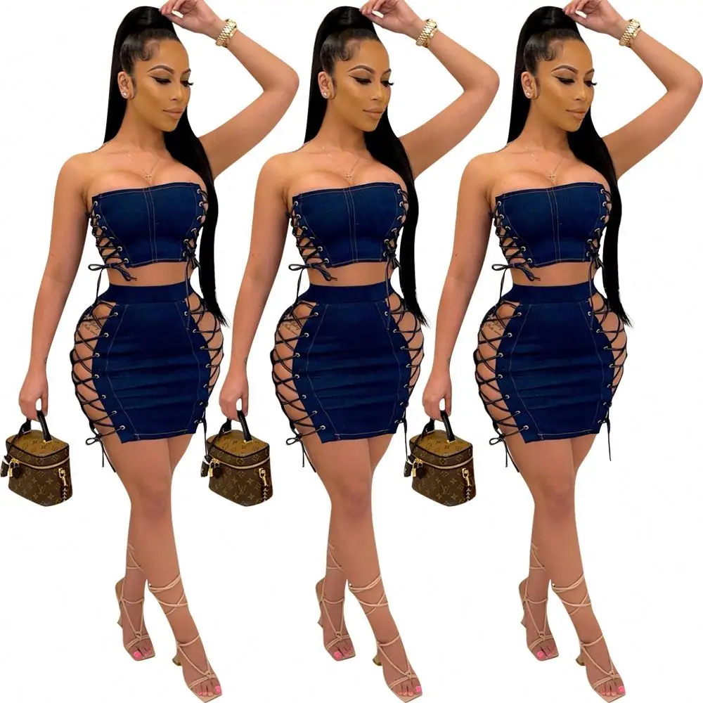

Hollow Out Tube Tops Sexy 2 Piece Skirts Sets Bodycon Bandage Denim Jean Dresses Girls' Summer Two Set
