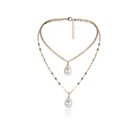 

Retro simple gold-plated 14k pendant necklace jewels temperament double layers geometric drop-shaped pearl necklace girls