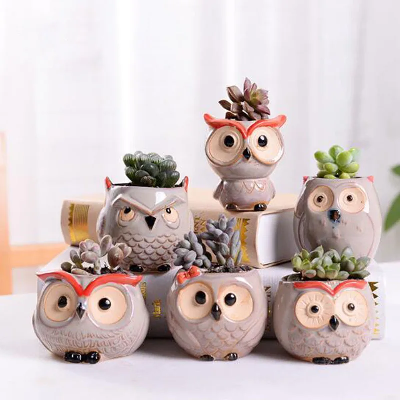 

Ceramic Owl Flower Pot Planters Flowing Glaze Base Serial Set Succulent Cactus Plant Container Planter Bonsai Pot, Customized color