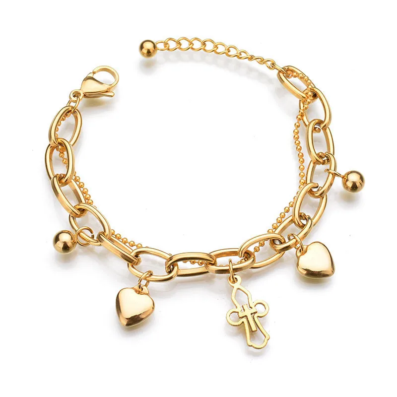 

Religious Stainless Steel Multilayer Bracelet 24K Gold Tone Double Heart Hollow Cross Steel Pendant Bracelet For Girls, Gold,silver