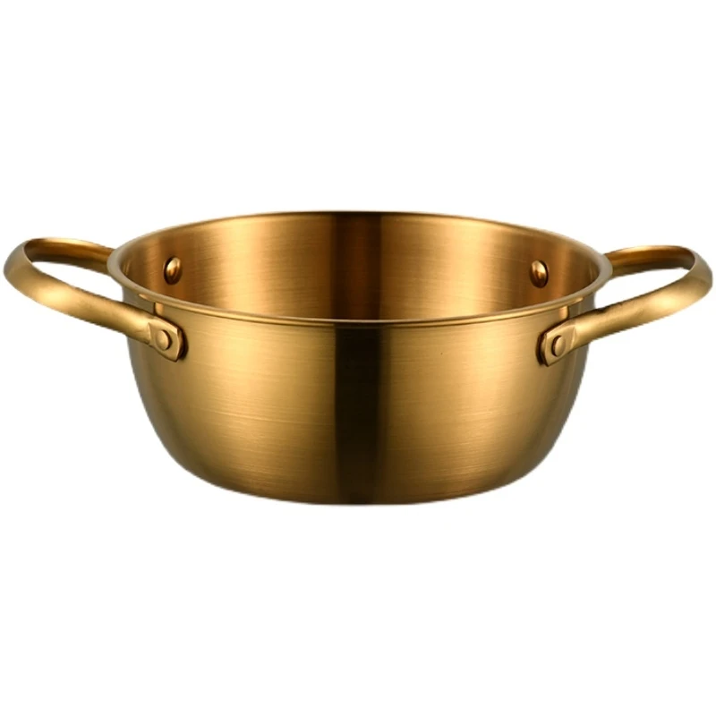 

Hot Stainless Steel Korean Style Noodle Gold Ramen Household Cookware Kitchen Cooking Soup Hot Pot With Metal Lid Double Handle