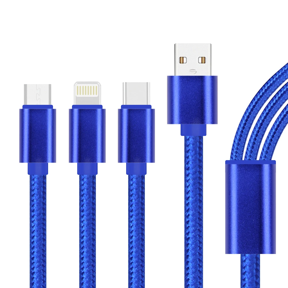 

Nylon baraided cable Amazon accessories nylon braided 3 in 1 data cord 3A fast Charger cable For Samsung Android, Gold/blue/customized