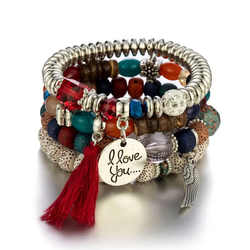 

New Bohemian Bodhi Beads Stacked Bracelet Set Jewelry For Women Tassel Multilayer Bracelet Gift Wholesale