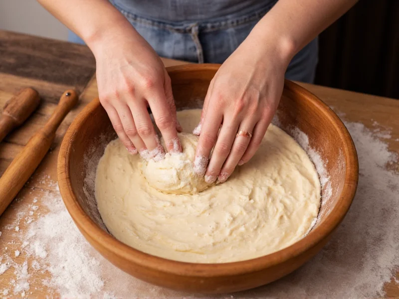 Hands mixing pizza dough in wooden bowl