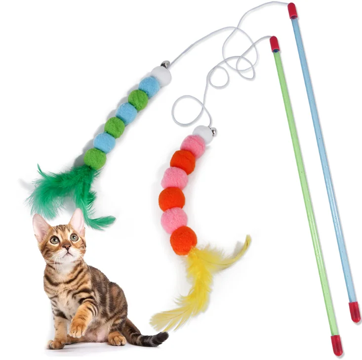 

2021 New Plush Colours Feather Worm Interactive Funny Cat Charmer Wand Pet Toy