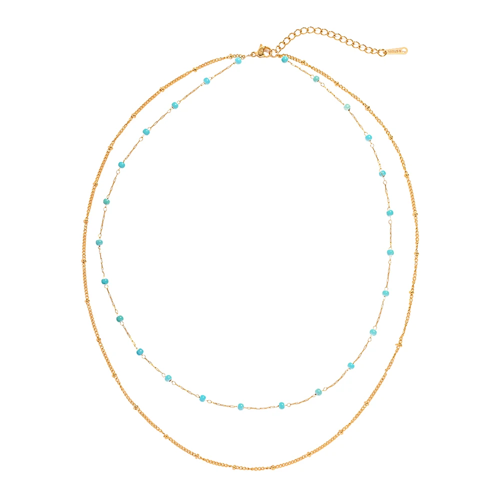 J&D Design New Arrival Gold Plated Bead Necklace Stainless Steel Blue Bead Double Layer Necklace for Girls