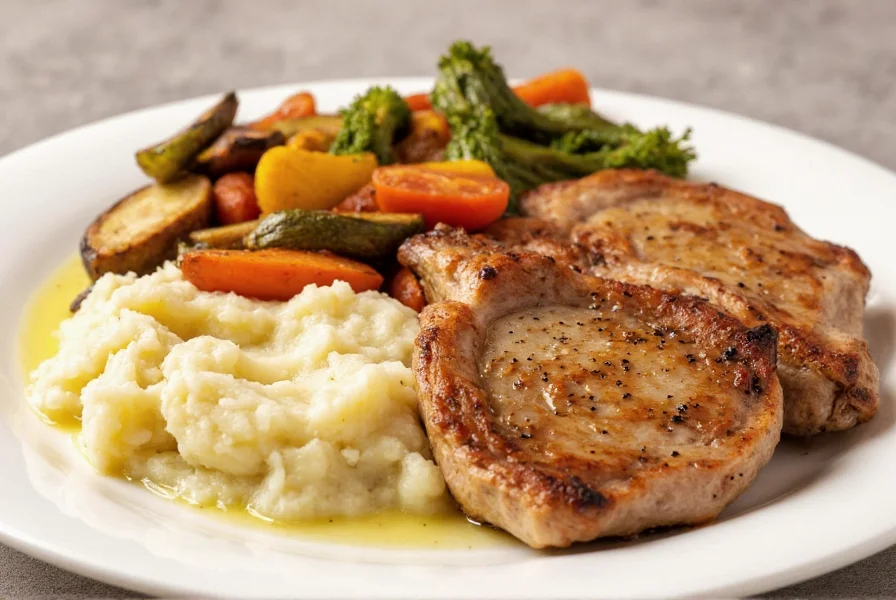 Salt and pepper pork chops served with garlic mashed potatoes and roasted vegetables