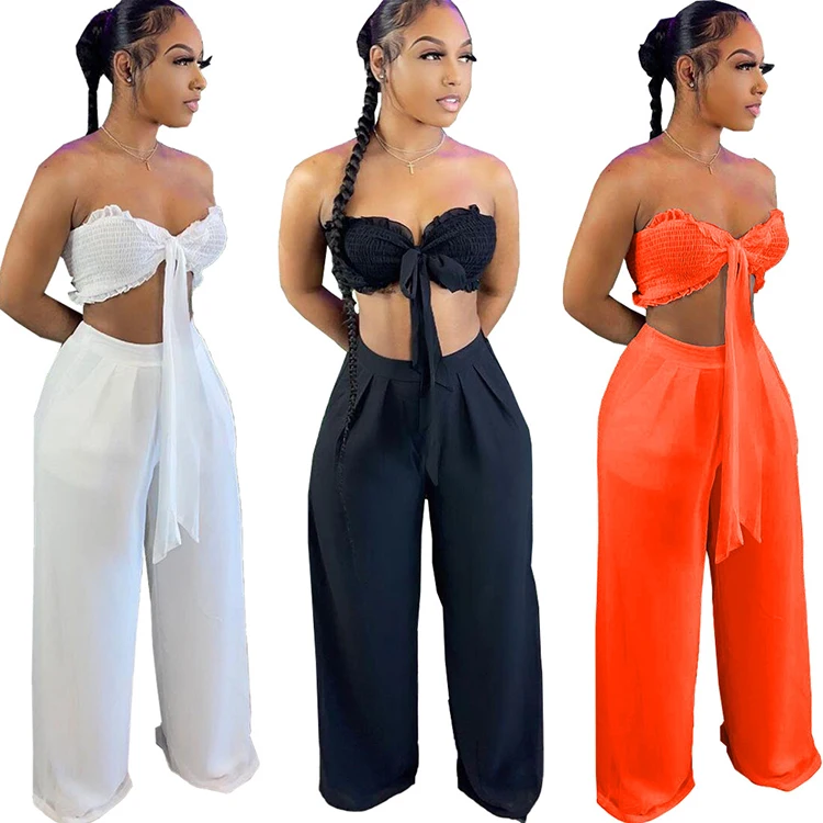 

DN8618 Sexy Tube Top Women Tops Fashionable Sets Two Piece Outfits Wide Leg Pants