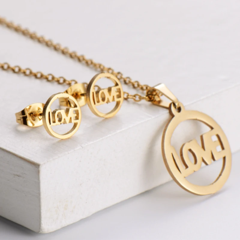 

Love Shape Gold Color Stainless Steel Small Necklaces Earrings Sets For Women Party Jewelry Set bijoux femme