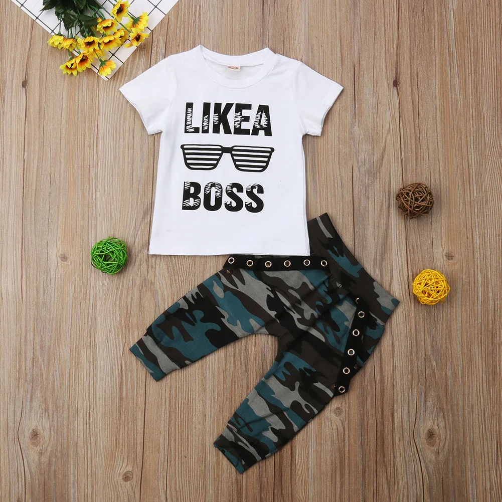 

Baby Boys Clothes 2020 Hip Hop Short Sleeve Summer Toddler Infant Like A Boss Letter Tops T-shirt Camo Pants Outfits 2Pcs