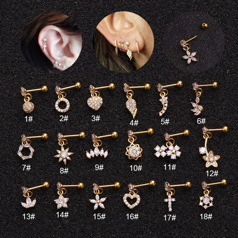 

Dainty Gold Cz Hoop With flower star moon pendants cartilage helix lobe hoop ear piercing dangle earring
