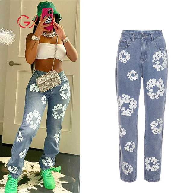 

GX20843 New Trendy Casual Ladies Denim Pant Snowflake Print Straight Jeans Women