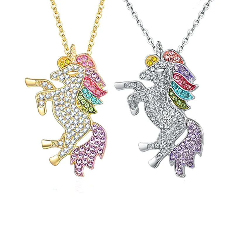 

Hot sale Amazon unicorn Necklace Colored diamonds cartoon pendant jewelry for women girls kids