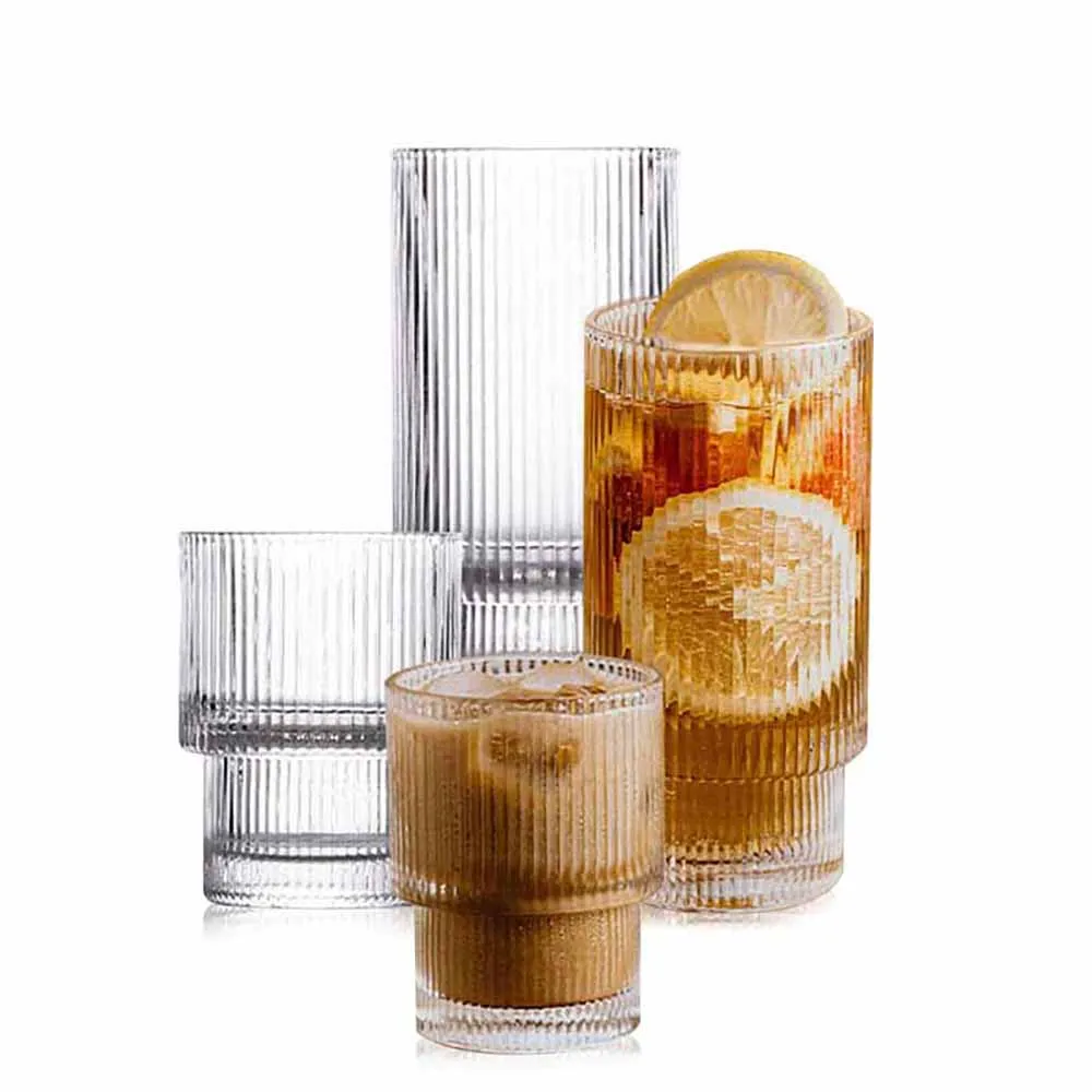 

Hot Selling Drinking Glasses with Origami Style Glass Cup Highball Rocks Glasses Elegant Ripple Vintage Iced Coffee Glass