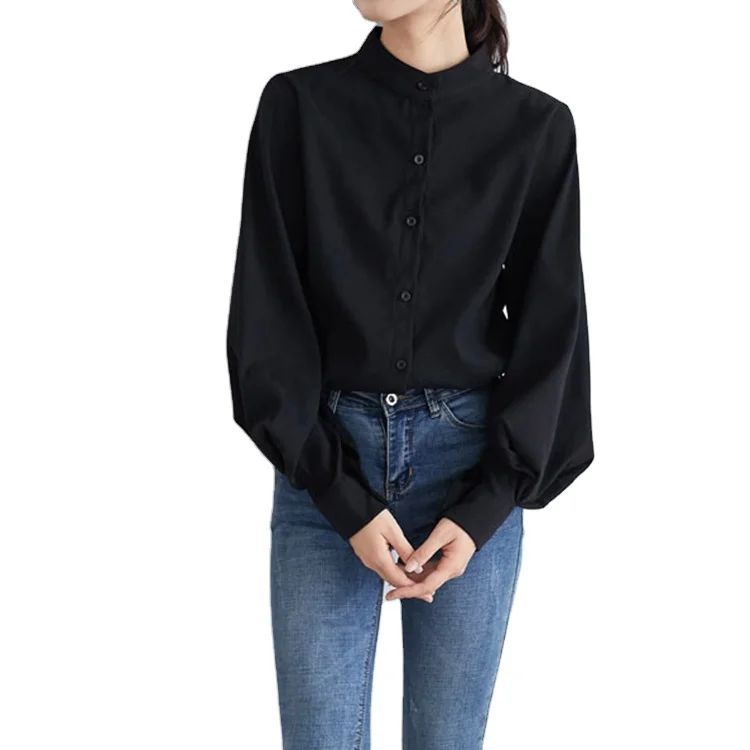 

Fashionable Big Lantern Sleeve Women Single Breasted Stand Collar Shirts Office Work Solid Vintage Blouse Shirts