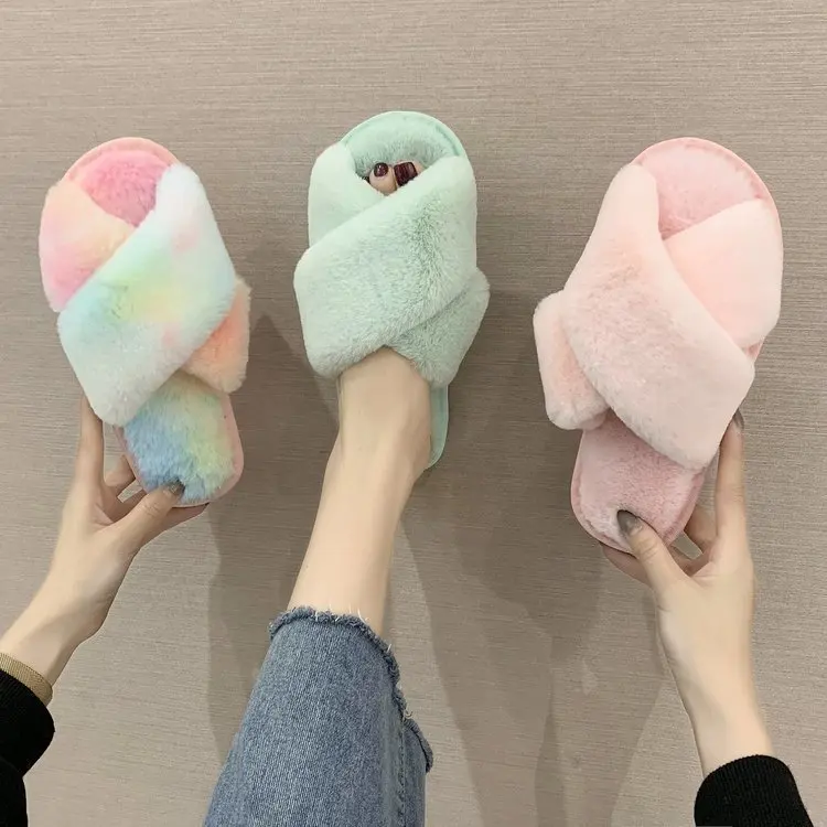 

Warm Plush Flat Slippers Cozy Faux Fur Cross Indoor Home Cotton Shoes Winter Soft Comfortable Women Fluffy Slippers, Green grey pink colorful