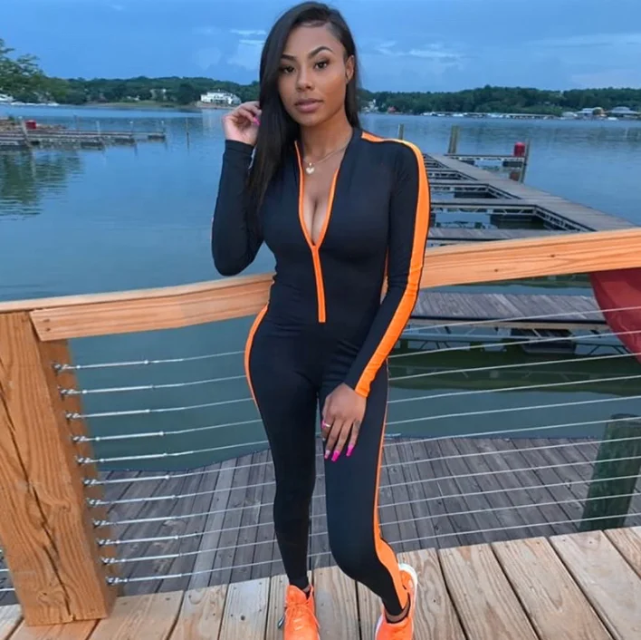 
Fluorescent color splicing zipper splicing reflective yoga sports one piece pants jumpsuits women 
