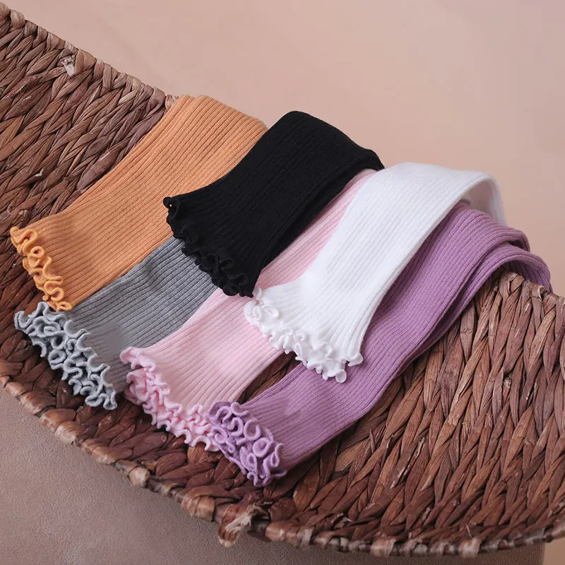 

Fashion spring Pure Color baby rippled edge Pants Cotton Knitted vertical stripe Nine Pants