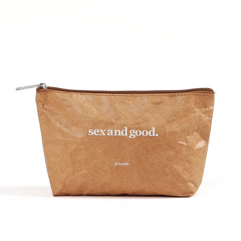 

2021 New Style Customized Logo DuPont Paper Eco Tyvek Kraft Pape Travel Makeup Pouch Gifts Cosmetic Bags, Brown