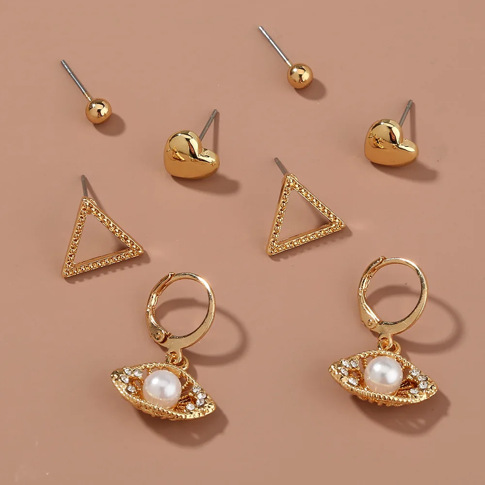 

4 Pairs/set women gold geometric heart triangle pearl stud earrings jewelry set