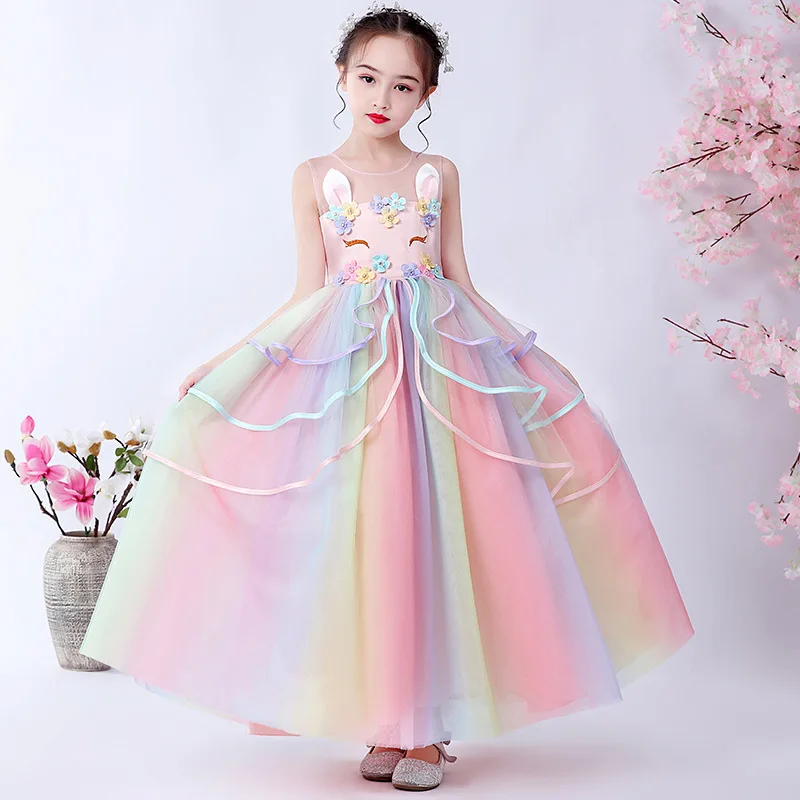 

In Stock Kids Elegant Clothing Girls Unicorn Design Birthday Party Wear Maxi Long Dress Q1029