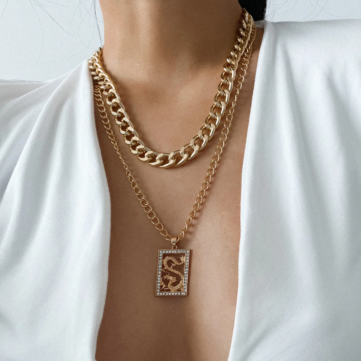 

2020 New Cuban Link Chain Dragon Pendant Necklace Gold Plated Double Layer Chain Dragon necklace jewelry for men, Colorful